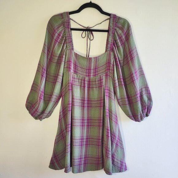 Urban Outfitters Plaid Babydoll Mini Dress Puff Sleeves School Girl Grunge Small - Picture 3 of 7